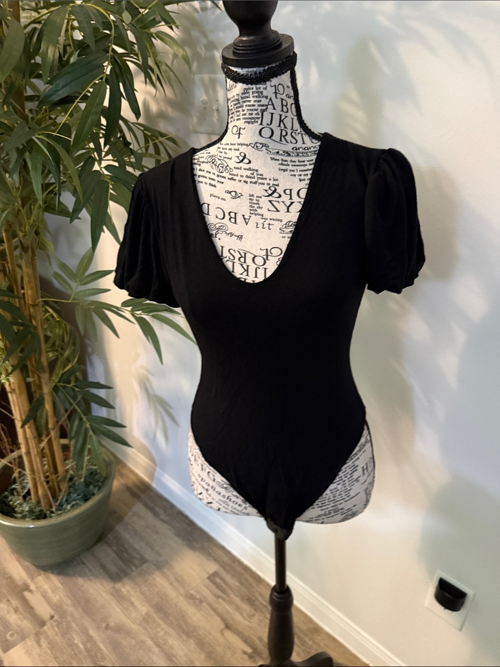 Black V-Neck Puff Sleeve Bodysuit